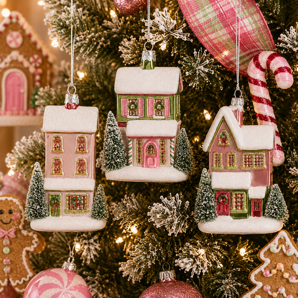 Raz 6" Set of 3 Snowflake Lane Houses Glass Christmas Ornament 4652920-2