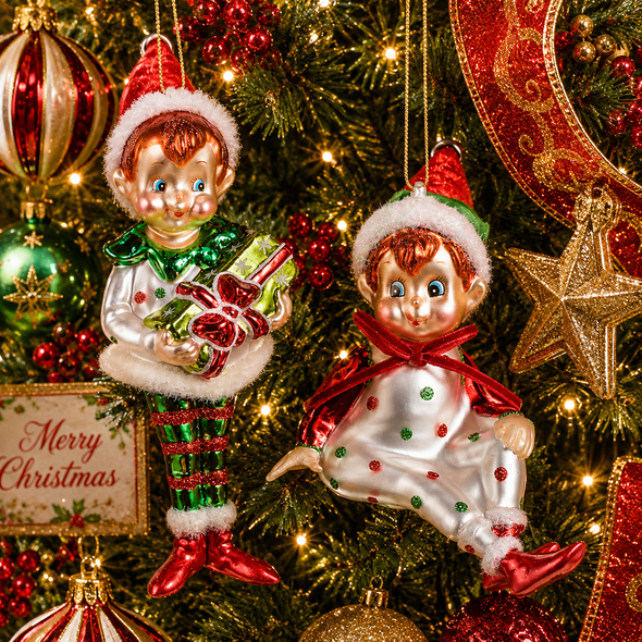 Raz 6" Set of 2 Elf Glass Christmas Ornament 4652969-2