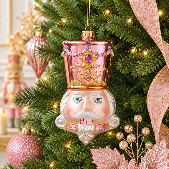 Raz 7.25 Pink Nutcracker Head Glass Christmas Ornament 4652975-2