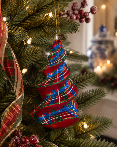 Raz Eric Cortina 6.25" Tartan Spiral Tree Glass Christmas Ornament 4653210-2