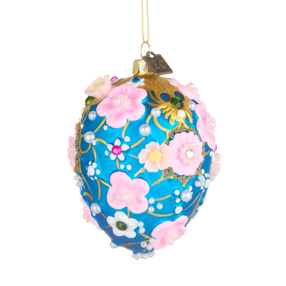 Raz Eric Cortina 4" Blue and Pink Floral Egg Glass Christmas Ornament 4653220