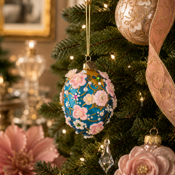 Raz Eric Cortina 4" Blue and Pink Floral Egg Glass Christmas Ornament 4653220-2