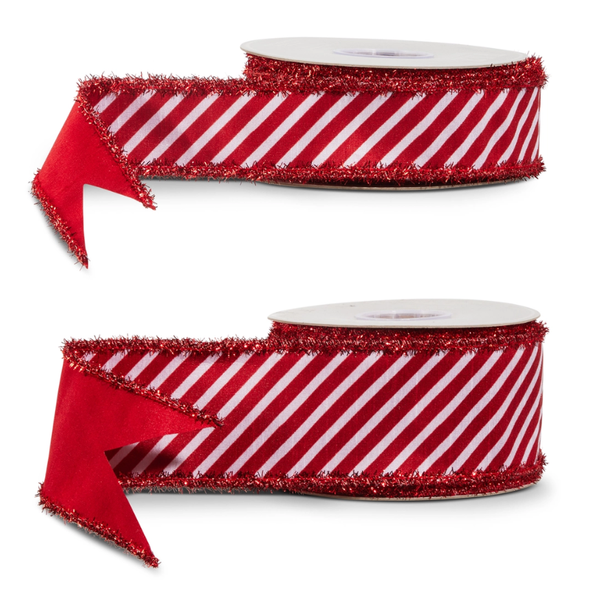 Raz 2.5" or 1.5" Red Peppermint Stripe Tinsel Wired Christmas Ribbon