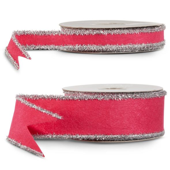 Raz 1.5" or 2.5" Dark Pink and Silver Tinsel Felt Wired Christmas Ribbon