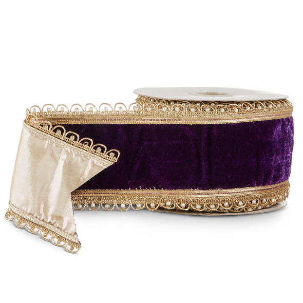 Raz 4" X 10 Yds Purple Velvet with Pearl Scalloped Double Sided Wired Christmas Ribbon R4627818