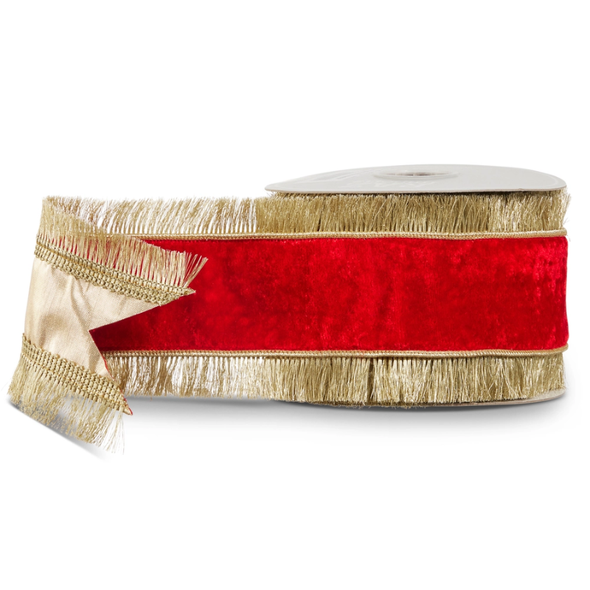 Raz 4" X 10 Yds Red Velvet Gold Fringe Wired Christmas Ribbon R4627841