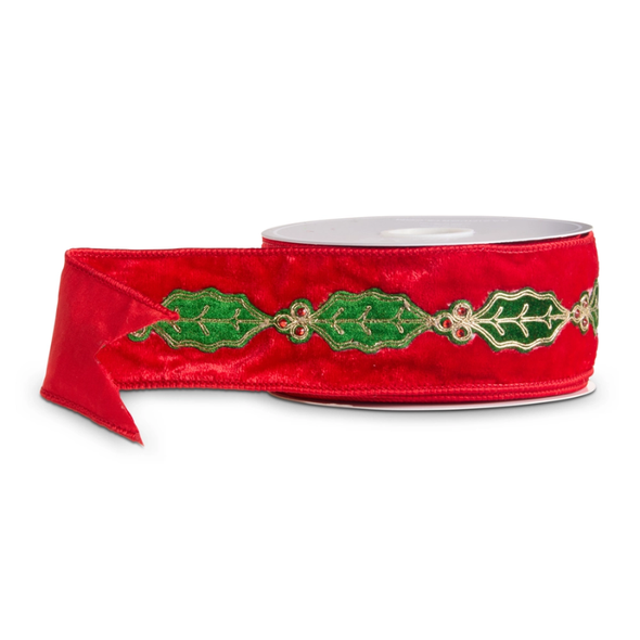 Raz 2.5" X 10 Yds Velvet Holly Wired Christmas Ribbon R4671756