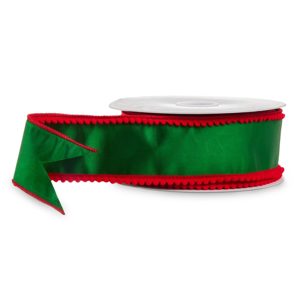 Raz 2.5" X 10 Yds Green with Red Pom Pom Edge Wired Christmas Ribbon R4671778 