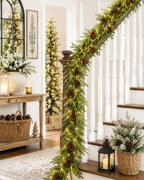 Raz 9' Pre-Lit Connectable Real Feel Douglas Fir Pinecone Christmas Garland G4652013T-2