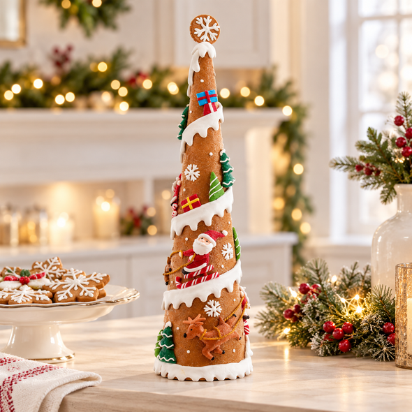 Kurt Adler 16.14" Gingerbread Tree With Santa & Reindeer Table Piece Christmas Decoration D4947-2