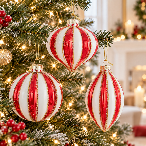 Kurt Adler 80MM Set of 3 Red & White Stripe Gold Glitter Glass Christmas Ornaments GG1118-2