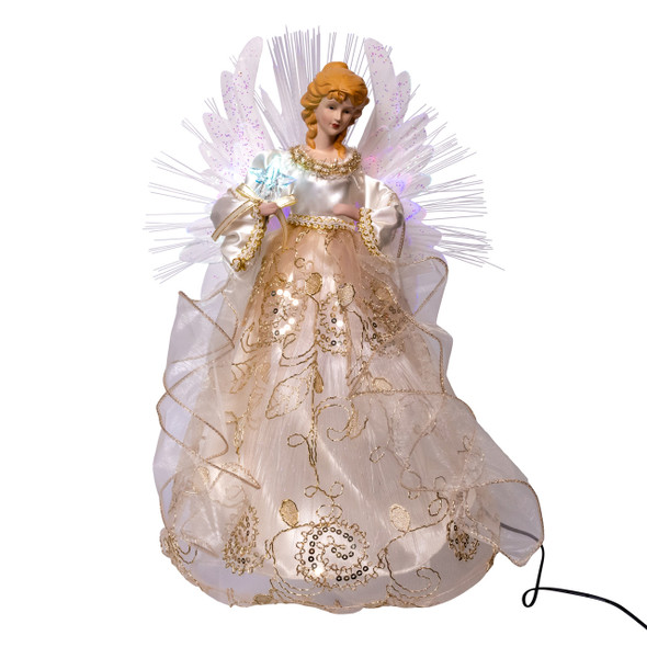Kurt Adler 14" Lighted Fiber Optic Ivory & Gold Angel Christmas Tree Topper AD0604