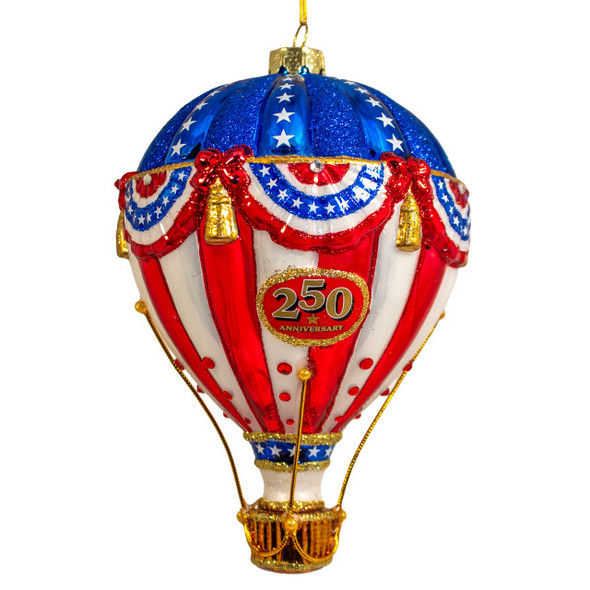 Kurt Adler Bellissimo Red, White & Blue Hot Air Balloon Glass Christmas Ornament BELL0063