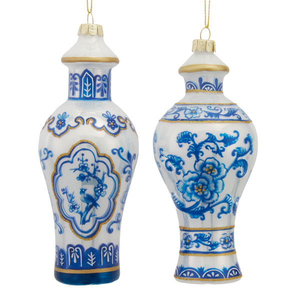 Kurt Adler 5.5" Set of 2 Blue & White Vase Glass Christmas Ornaments TD1848