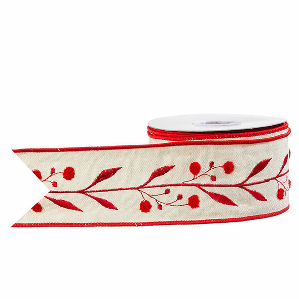 Raz 6,5 cm rood en bruin geborduurd bedraad kerstlint R4027803 -2