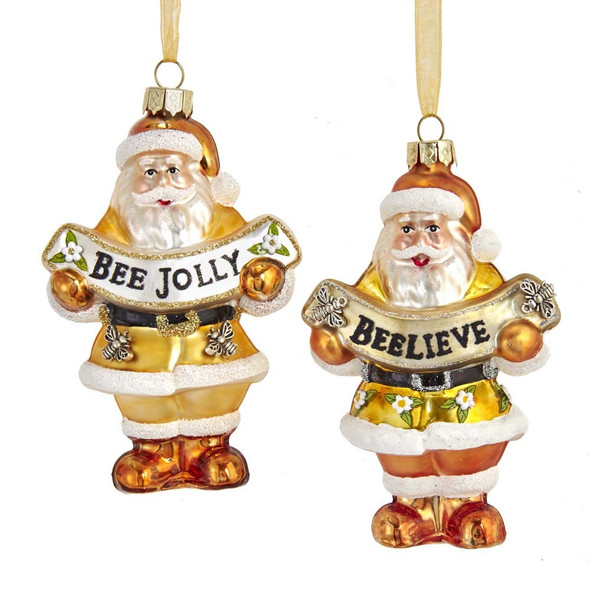Kurt Adler 10 cm gouden en witte kerstman met bijenbanner glazen kerstornament T2707