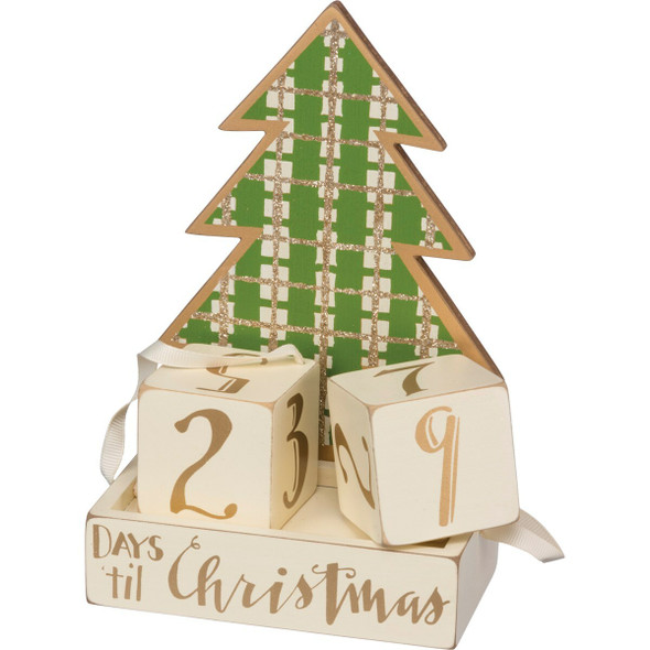 Primitives By Kathy 6.75" Green and Gold Christmas Tree Countdown Blocks Advent Calendar 33154