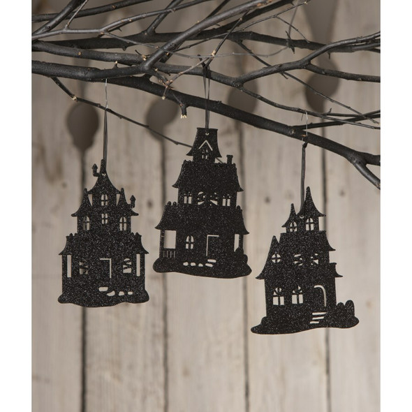 Bethany Lowe 5,75" Set mit 3 Spukhaus-Silhouetten-Halloween-Ornamenten RL0840