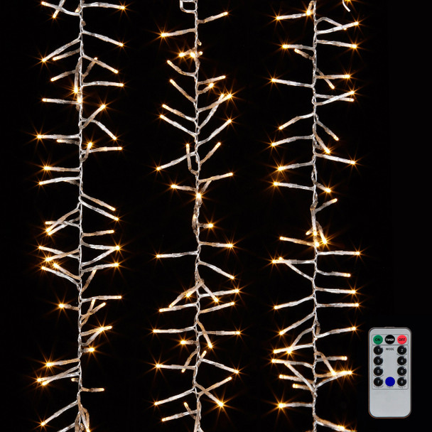 Cluster Garland On Clear Wire with Compact White Christmas Lights w/ Remote