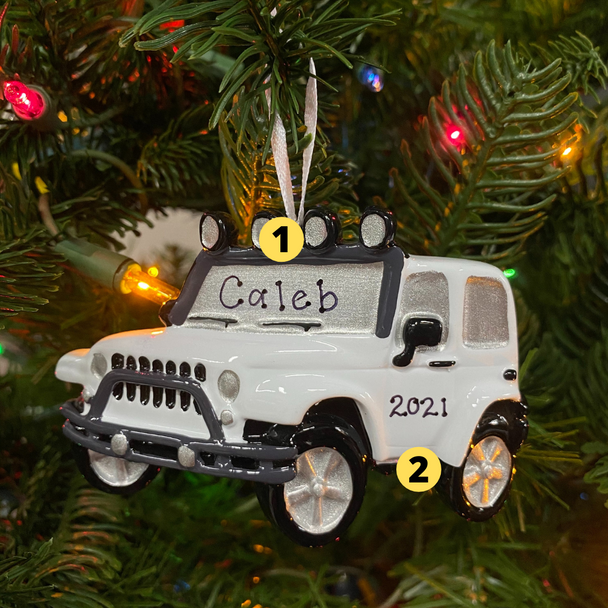 Weißer Jeep 4x4 personalisierter Weihnachtsschmuck weiß or1763-w-3