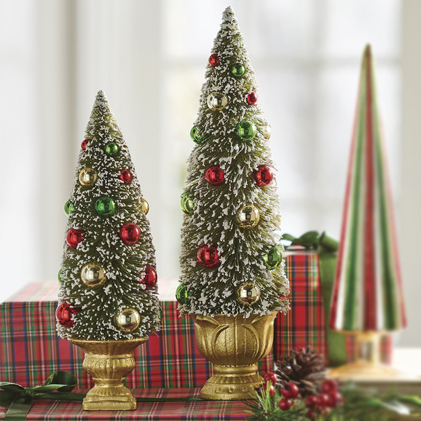 Raz Set of 2 Green Bottle Brush Tree with Ornaments in Gold Urn 4215502