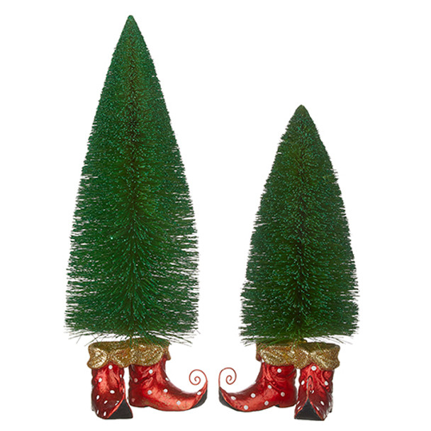 Raz Set of 2 Green Glitter Bottle Brush Tree with Elf Shoes 4227111 -2