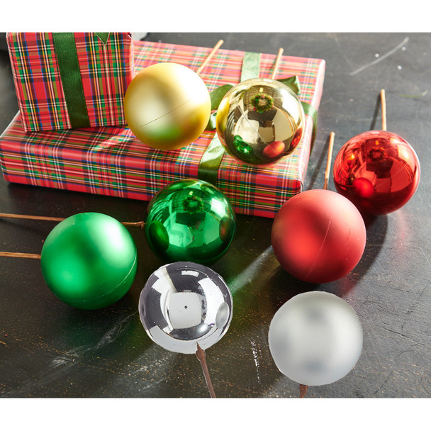 Raz 12" Set of 2 Red, Gold, Silver or Green Ball Ornament Christmas Tree Pick