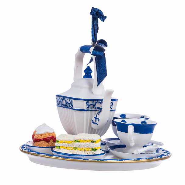 adorno navideño con bandeja de tetera Delft azul y blanca de 4" E0773