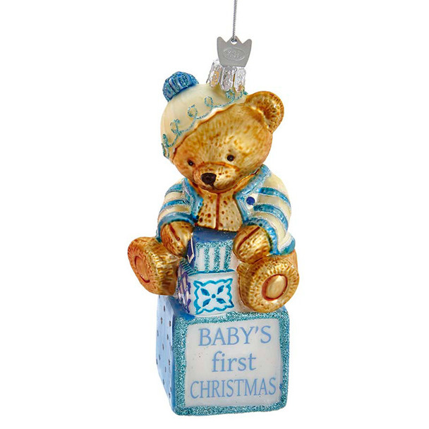 5" Noble Gems Pink or Blue Baby's First Christmas Baby Bear Glass Christmas Ornament NB1675 -3