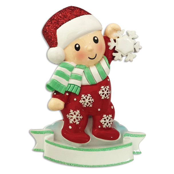 Baby In Red and Green Pajamas Holding Snowflake Personalized Christmas Ornament OR1920-RG