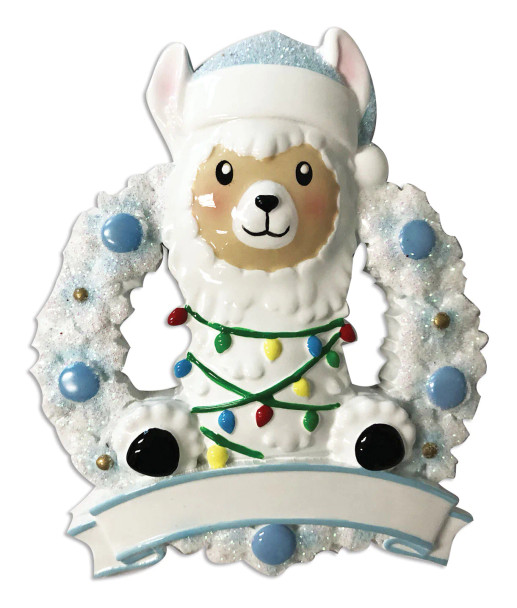 Baby-Lama im blauen Kranz, personalisierte Weihnachtsdekoration OR1903-B