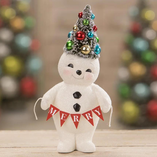Bethany Lowe Retro Merry Snowman with Tree Christmas Decoration TL1353