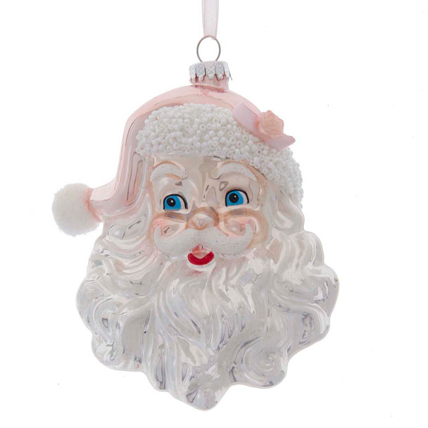 Kurt Adler 6" Glas-Weihnachtsschmuck aus rosa und silbernem Weihnachtsmannkopf aus Glas T2802