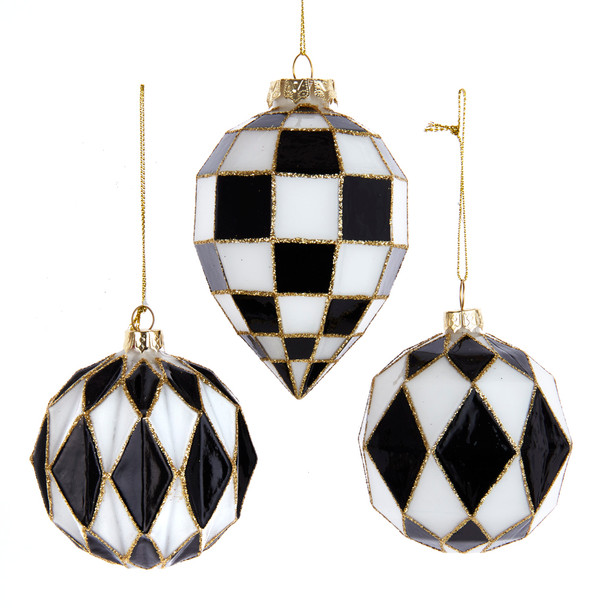 Kurt Adler Black and White Harlequin Ball and Finial Glass Christmas Ornament T3145