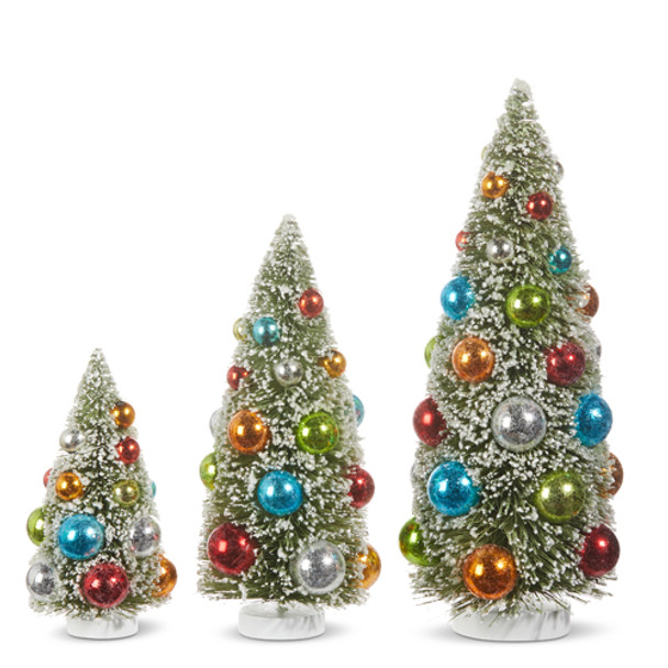 Raz 12" sæt med 3 snedækkede flaskebørstetræer med ornamenter juletræer 4316153 -2