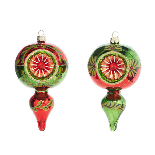 Raz 5" groene en rode kruisbloemreflectorglas kerstornament 4320017 -2