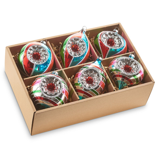 Raz Box mit 6 5,25" mehrfarbigen Vintage-Weihnachtsornamenten aus Glas 4320853