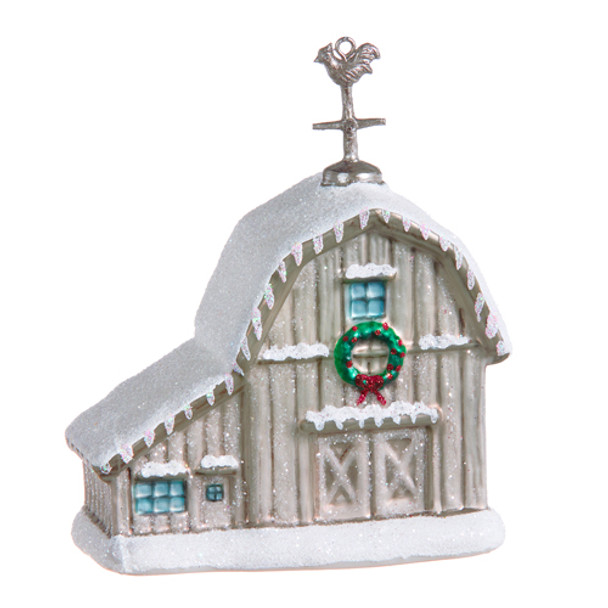 Raz 5" Snowy Barn Glass Christmas Ornament 4352884