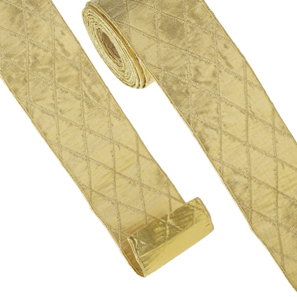 Raz 4" goldfarbenes, drahtgebundenes Weihnachtsband mit Rautenmuster R4371770 -2