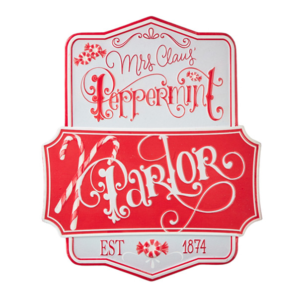 Raz 21.75" Peppermint Parlor Embossed Metal Christmas Sign 4111274