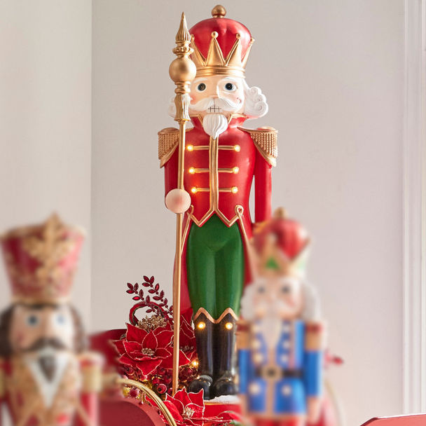 Raz 47" Large Lighted Red and Green Nutcracker With Staff Christmas Figure 4401662