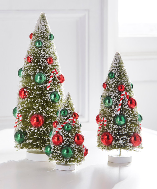 Raz 12" sett med 3 snødekte flaskebørstetrær med candy Cane Ornaments Julepynt 4416110
