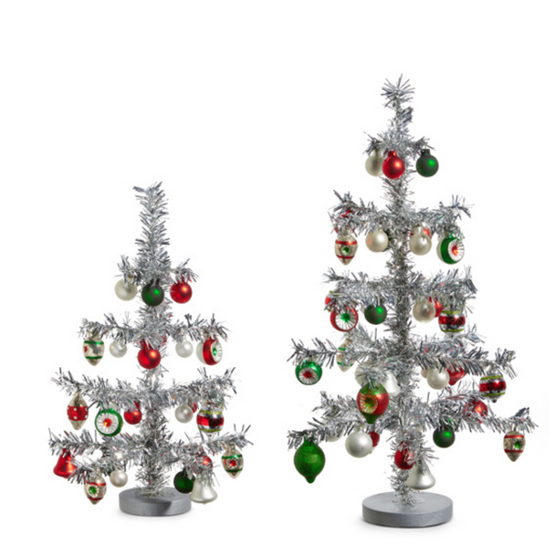 Raz 14" o 19,5" Albero in tinsel vintage in argento con ornamenti Decorazione natalizia
