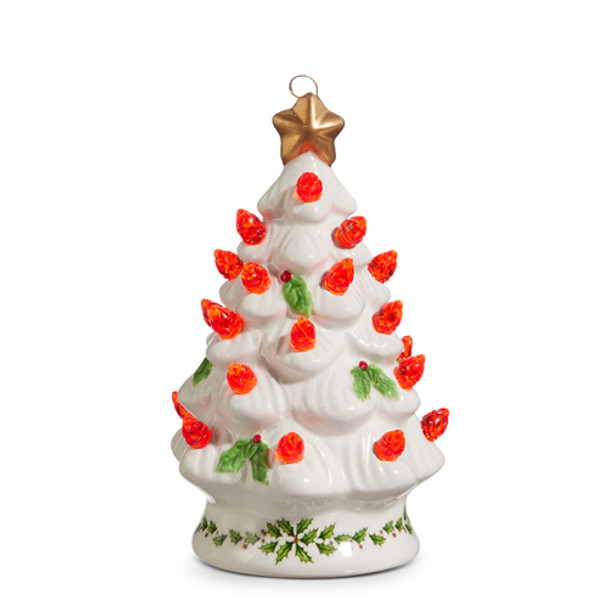 Raz 5" Lighted Vintage White Ceramic Tree with Holly and Red Bulbs Christmas Ornament 4419109