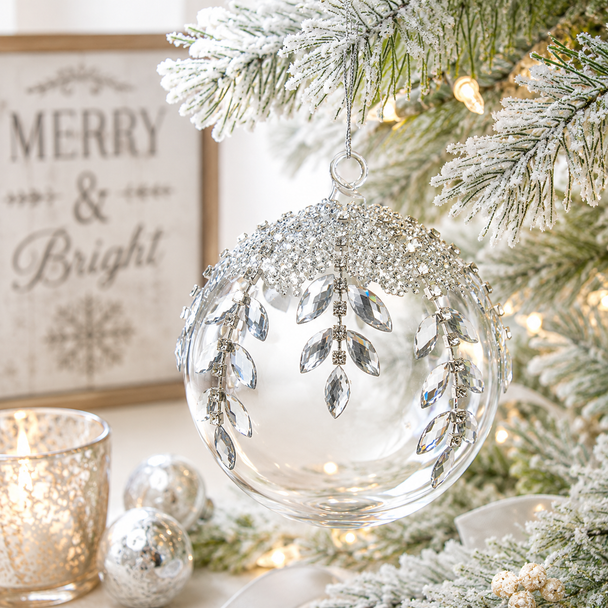Raz 5" Silver Jeweled Clear Glass Ball Christmas Ornament 4424523-2