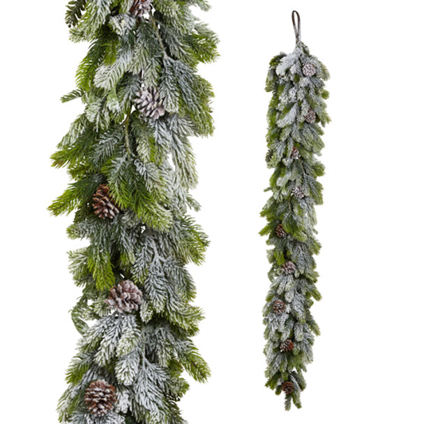 Raz 5.5' Flocked Real Feel Pine and Pinecone Christmas Garland G4441753