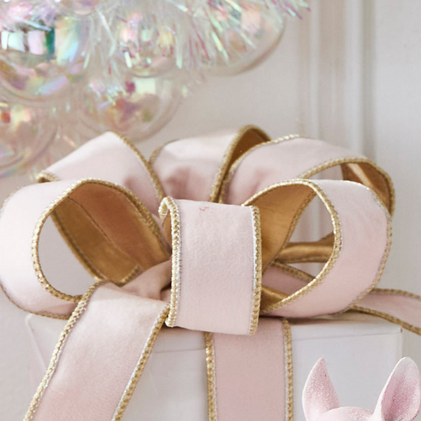 Raz 1.5" Pale Pink with Gold Trim Wired Christmas Ribbon R4427748