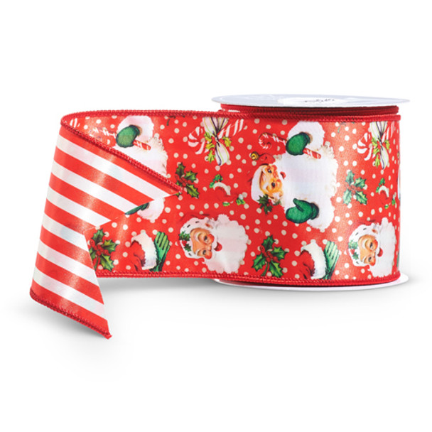 Raz 4" Retro Santa and Stripes Double Sided Wired Christmas Ribbon R4471778