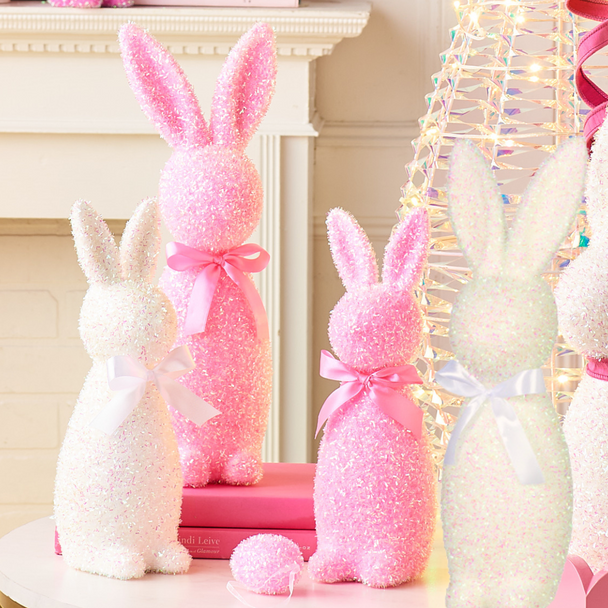 Raz 12" or 16" White or Pink Iridescent Flocked Easter Bunny Figures 