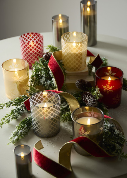 Raz 4" x 5" Smoke Grey, Gold, or Red Glass Snowflake Flameless Candle-6 Raz 4" x 5" Smoke Grey, Gold, or Red Glass Snowflake Flameless Candle-6